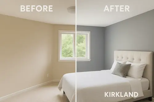 Before and after bedroom painting in Kirkland showing transformation from outdated to modern