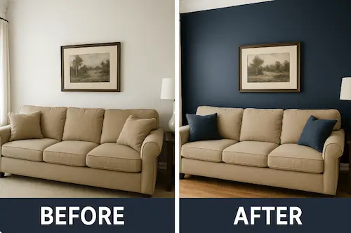 Before and after living room wall painting in Bothell showing color transformation