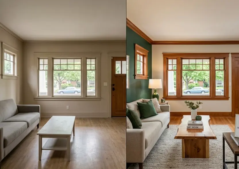 Before and after living room wall painting in Seattle showing color transformation