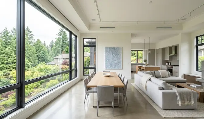 Freshly painted modern interior living space in a Bellevue Washington luxury home showing flawless walls, crisp trim lines and premium finish