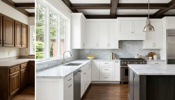 Beautifully refinished kitchen cabinets in a Bellevue Washington home after professional painting showing bright white factory-smooth finish