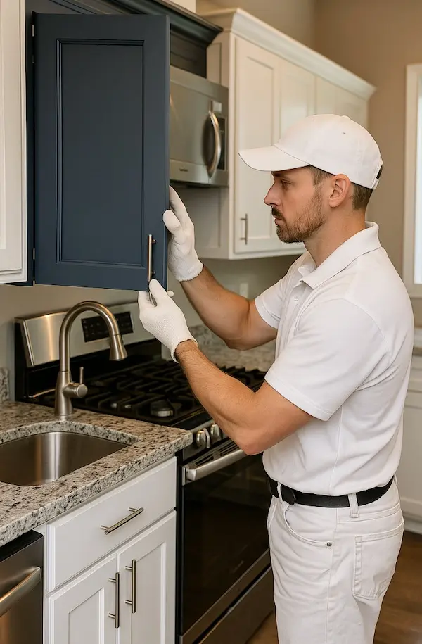 Final installation of painted kitchen cabinets in luxury Bellevue home showing perfect alignment and finish