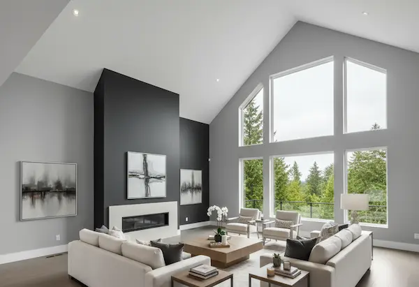 Dramatic living room transformation in West Bellevue showing before and after professional painting