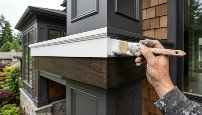 Professional exterior painting in progress on a luxury Bellevue Washington residential home showing immaculate premium finish work