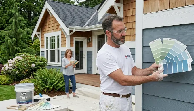 Professional color consultation in progress at a Bellevue Washington home showing paint swatches on exterior siding in natural Pacific Northwest light