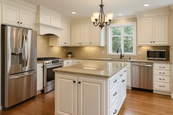 Elegant kitchen cabinet painting in Somerset neighborhood Bellevue showing timeless white cabinets