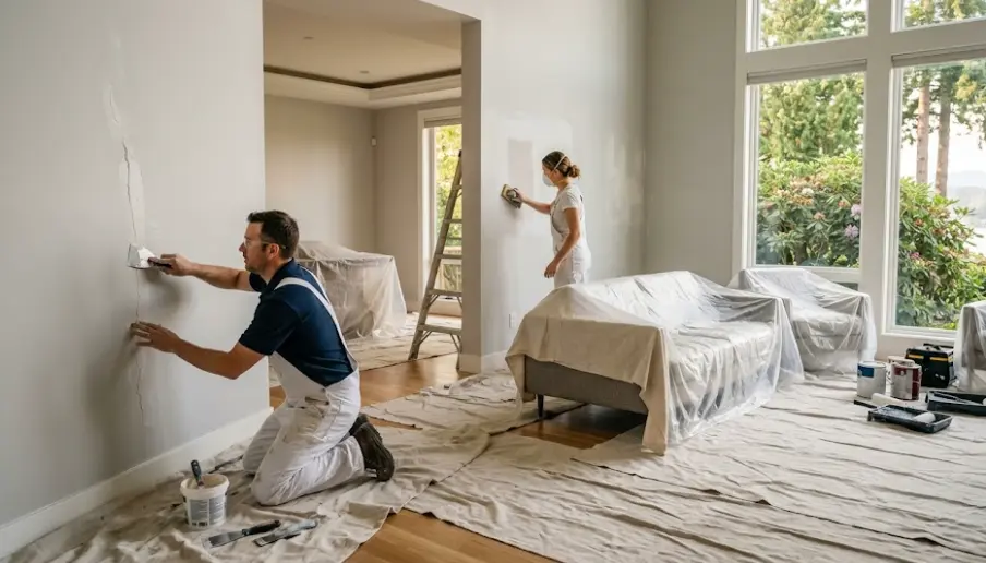 Professional wall painting process in a Bellevue WA home — careful preparation and paint application