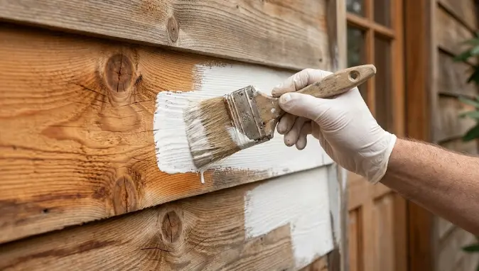 Cedar siding preparation and oil-based primer application on Bothell home