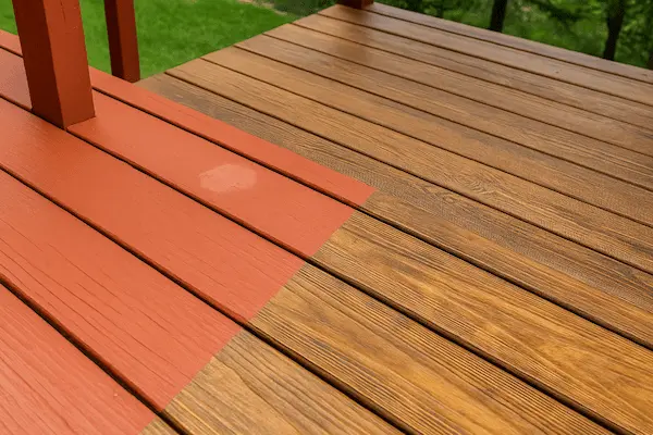 Side-by-side comparison of deck painting vs staining results in Bothell climate conditions