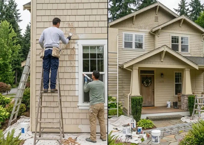 Professional painters preparing exterior siding in Bothell WA — scraping, caulking and priming before painting