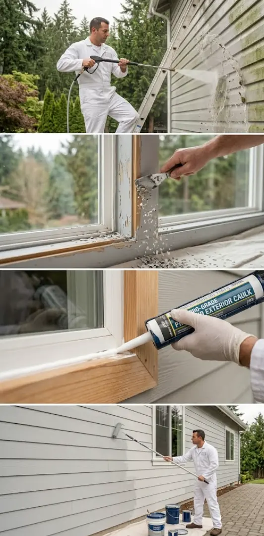 Professional exterior painting preparation process on Bothell home — scraping, priming and caulking steps
