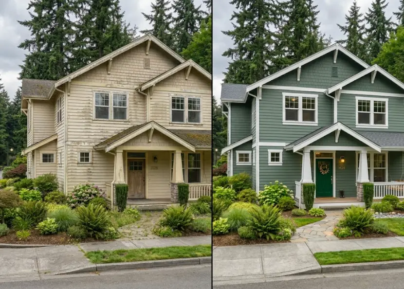 Bothell home exterior transformation showing before faded paint and after fresh deep sage green repaint with white trim