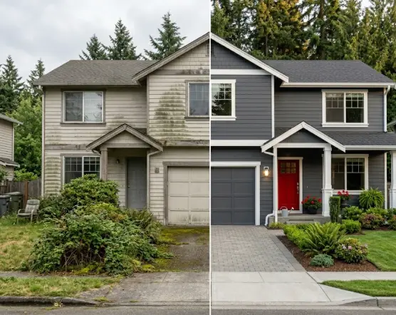 Before and after exterior painting transformation of a Bothell home — left side faded peeling siding, right side freshly painted charcoal gray with white trim