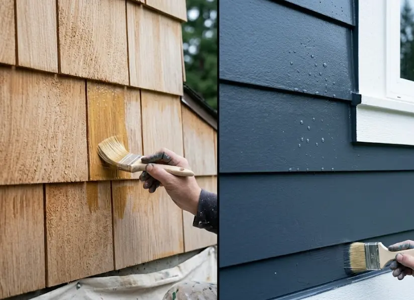 Cedar siding and fiber cement siding side by side during exterior painting preparation in Bothell WA