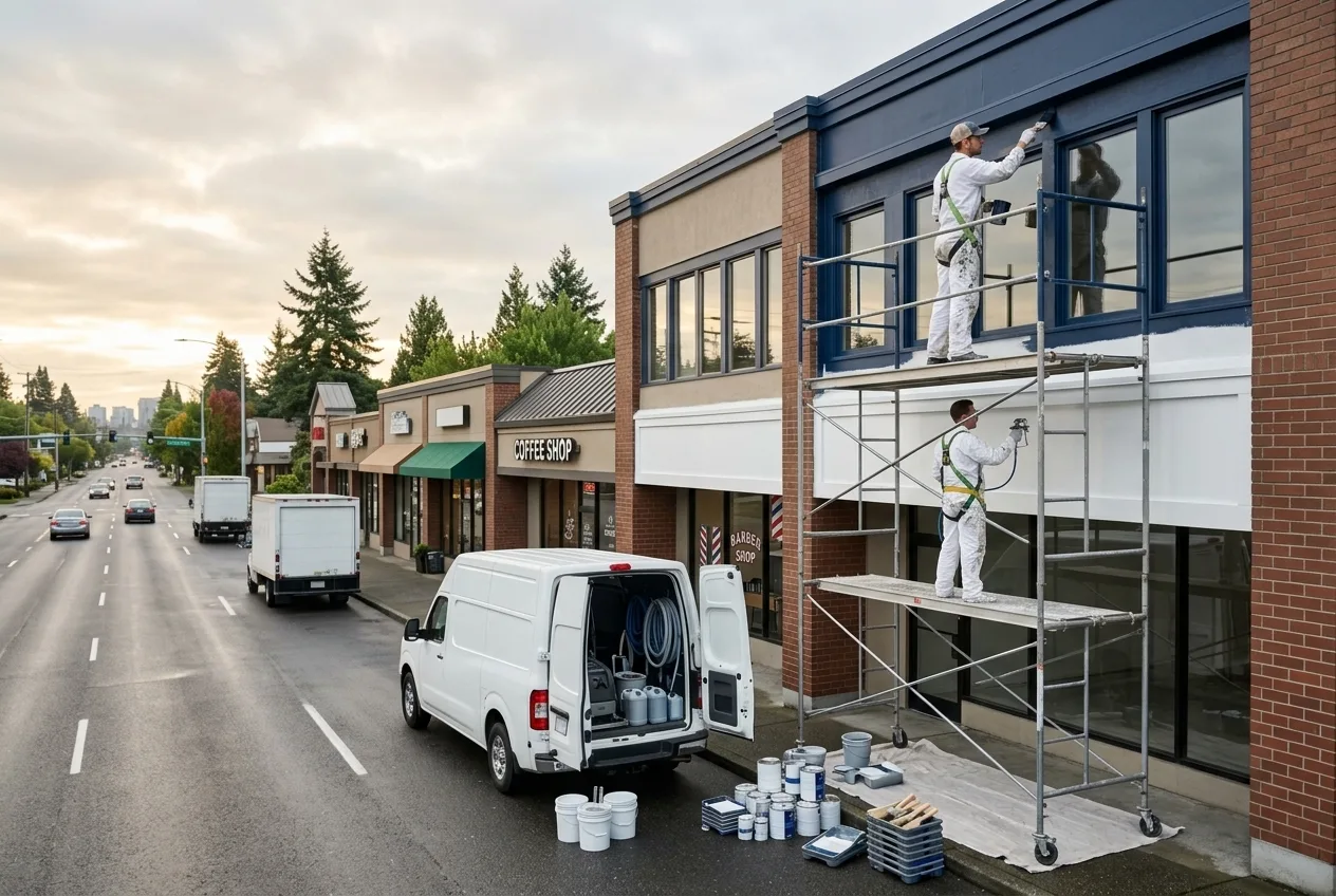 Professional commercial painting services in Shoreline WA — Pizoni Painting Company working on Aurora Avenue storefront