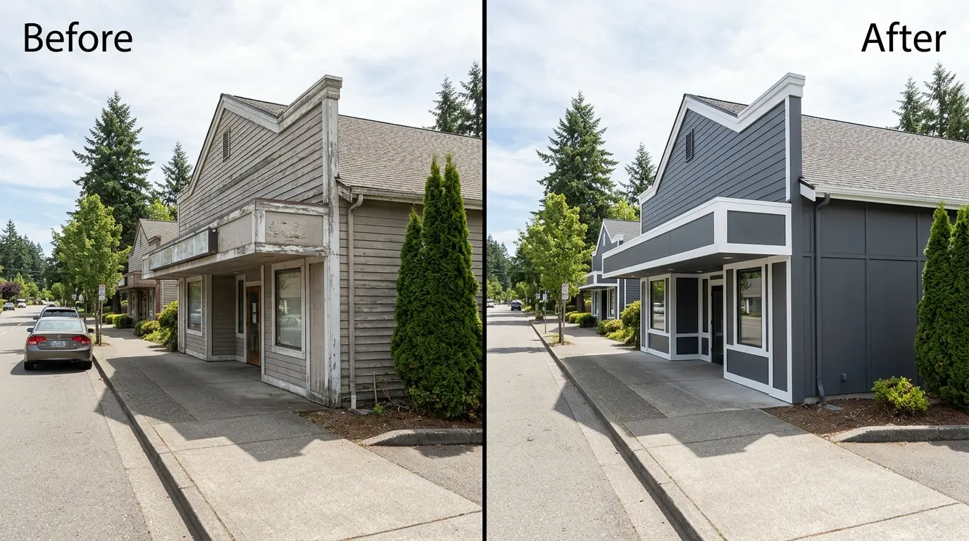 Before and after commercial storefront exterior painting in Woodinville, WA — Pizoni Painting Company