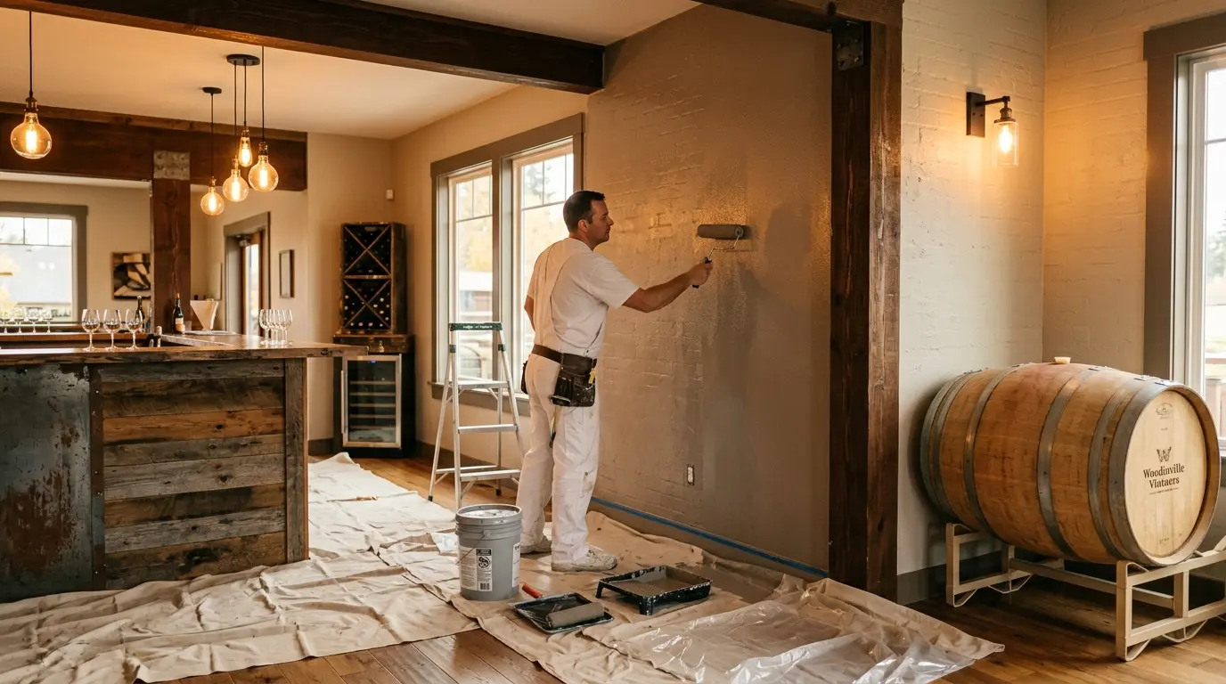 Interior commercial painting of a winery tasting room in Woodinville, WA — Pizoni Painting Company applying zero-VOC paint