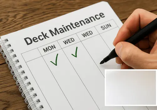 Annual deck maintenance schedule timeline for Bothell climate showing seasonal care requirements