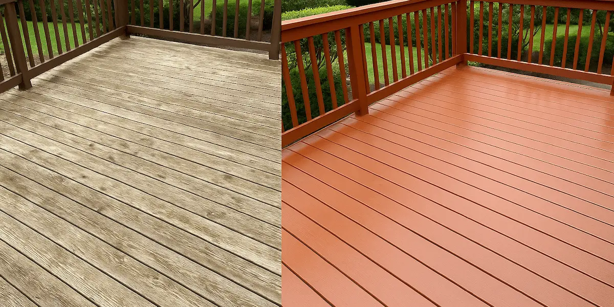 Professional deck painting transformation in Bothell, WA showing weathered deck restored to beautiful condition