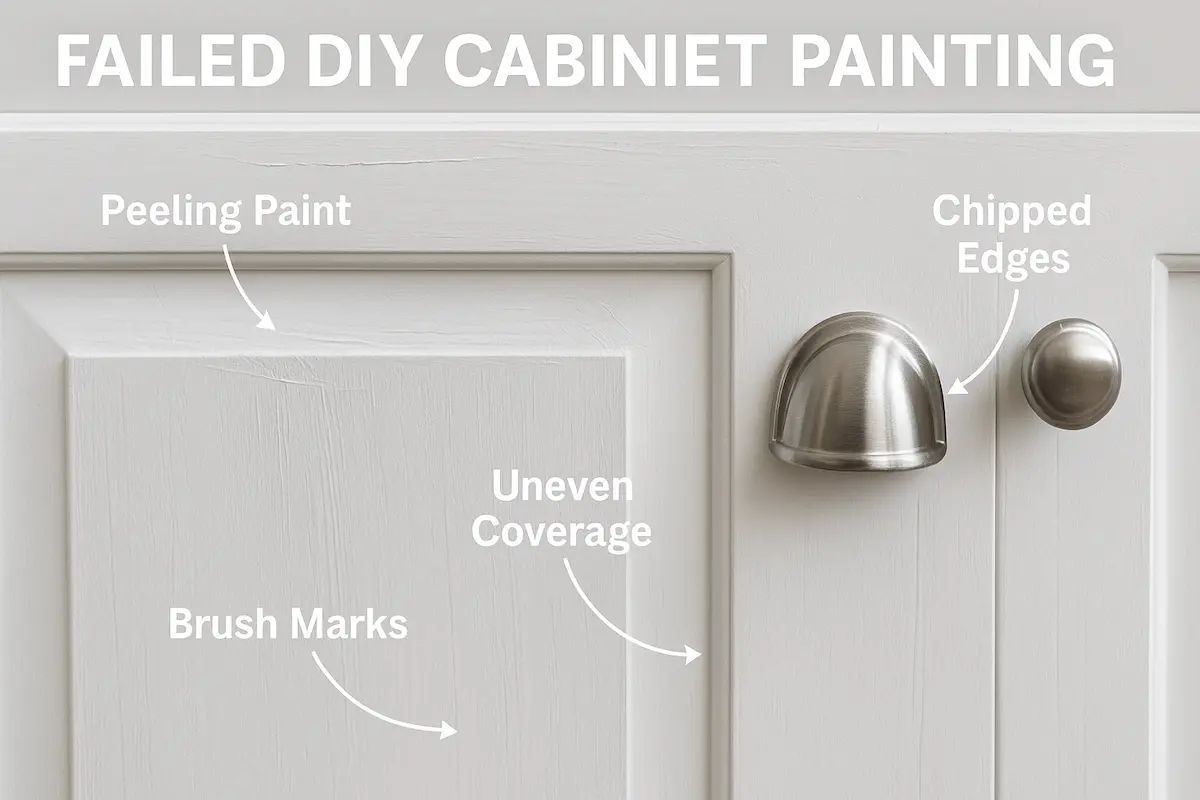 Failed DIY cabinet painting showing peeling paint and poor finish quality
