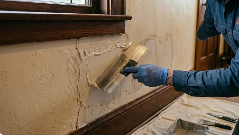 Antonio Pizoni inspecting plaster wall repair in Everett craftsman home