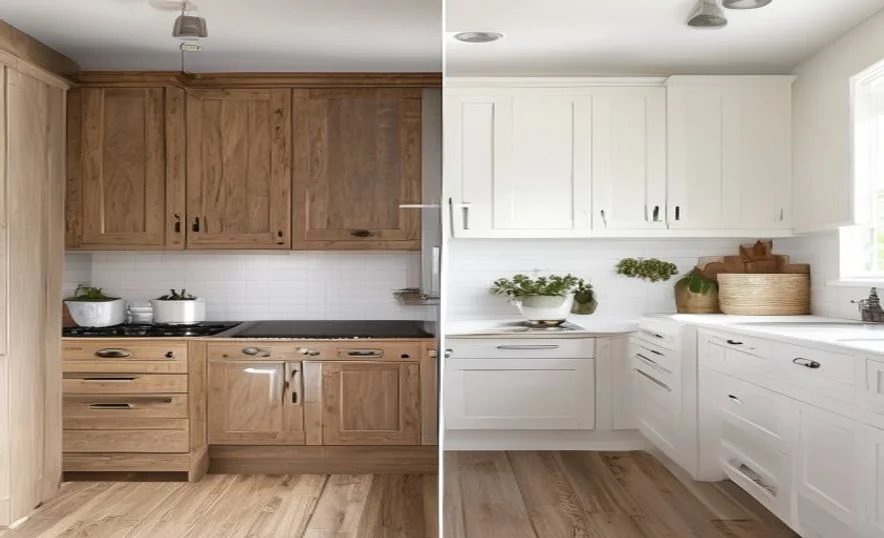 Before and after kitchen cabinet painting in Edmonds WA — honey oak cabinets transformed to bright white
