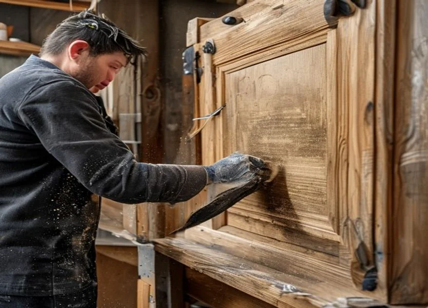 Professional painter sanding and prepping oak kitchen cabinet doors in Edmonds WA before painting