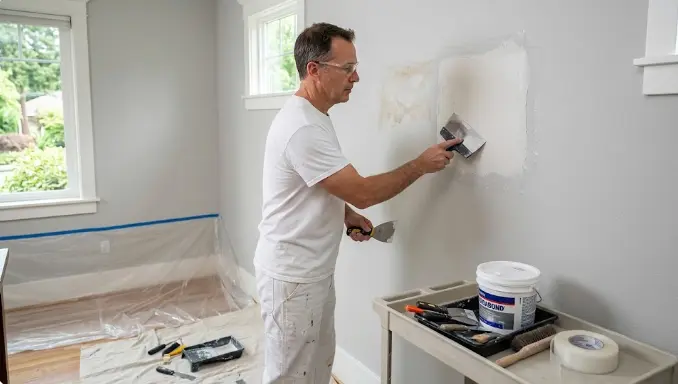 Professional drywall patching and repair work in progress in an Edmonds Washington residential home before painting