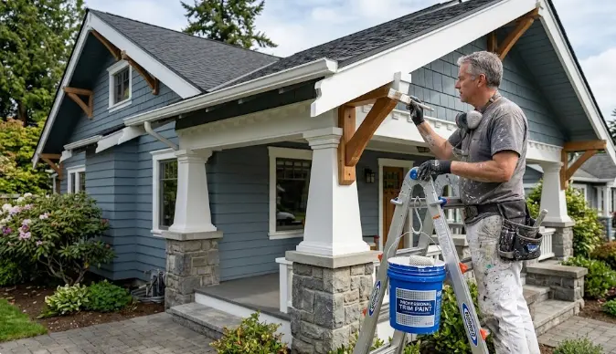 Professional exterior painting in progress on a Edmonds Washington craftsman home showing detailed trim work