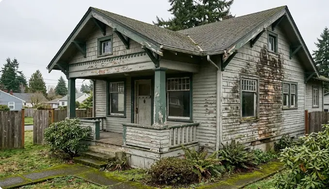 Before photo of an Edmonds Washington craftsman home with faded peeling exterior paint and weathered cedar siding in need of professional painting