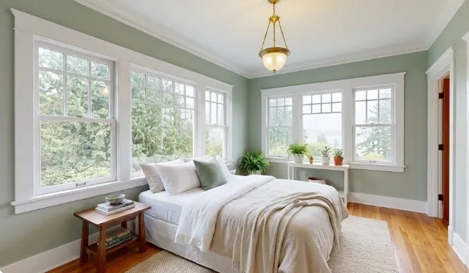 Freshly painted bright bedroom interior in an Edmonds Washington home showing smooth walls, clean ceiling line and soft Pacific Northwest natural light