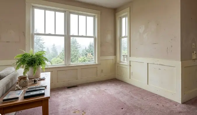 Before photo of an Edmonds Washington craftsman home interior showing dated wall colors, scuffed trim and worn surfaces in need of professional repainting