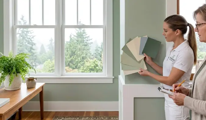 Professional interior color consultation in an Edmonds Washington home showing paint swatches held against wall in natural Pacific Northwest light