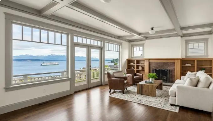 Freshly painted bright interior living room in an Edmonds Washington home showing warm white walls and precise trim work