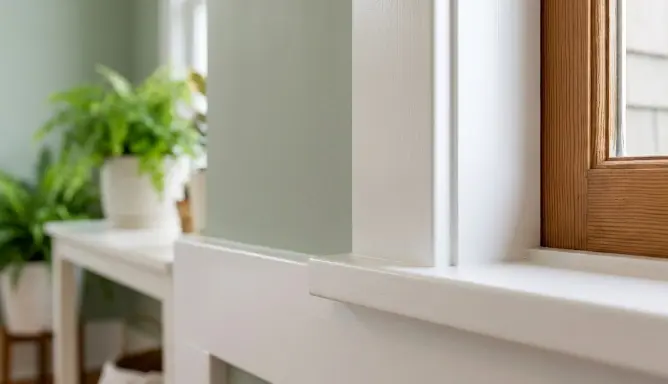 Close-up of professionally painted white craftsman trim and baseboards in an Edmonds Washington home showing razor sharp lines and premium semi-gloss finish