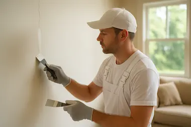 Professional repair of wall cracks in Edmonds living room with specialized moisture-resistant techniques