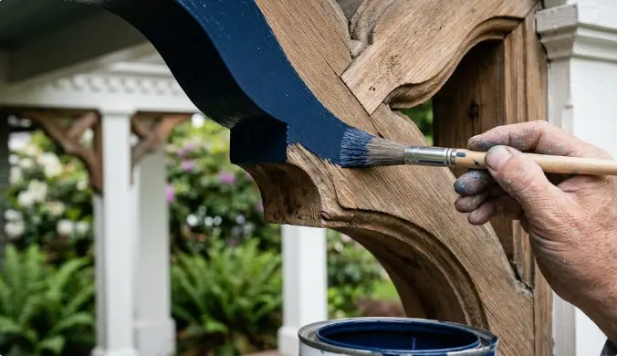 Close-up of meticulous hand-brush trim painting on craftsman details of an Edmonds Washington home showing professional quality finish