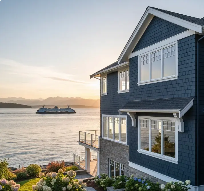 Waterfront residential home in Edmonds showcasing professional coastal painting with premium marine-grade finishes