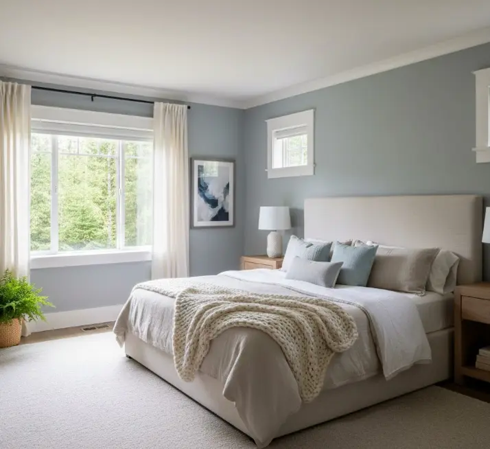 Professional bedroom painting in Everett home with calming coastal colors