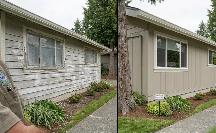 Before and after exterior paint on Everett WA home showing salt air damage on west elevation and finished result after proper prep