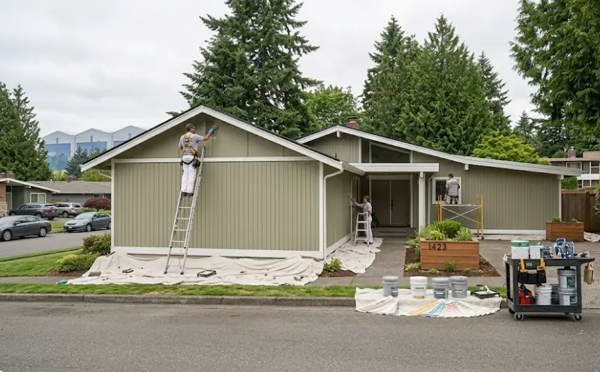 Mid-century Boeing worker ranch home in South Everett WA being professionally painted with proper industrial particulate prep