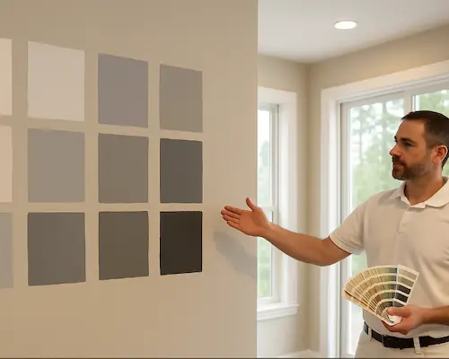 Professional color consultation for house painting in Everett showing multiple paint samples being tested in different lighting conditions
