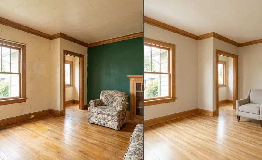 Complete interior repaint in Everett WA home before sale showing plaster wall skim coat and consistent neutral finish