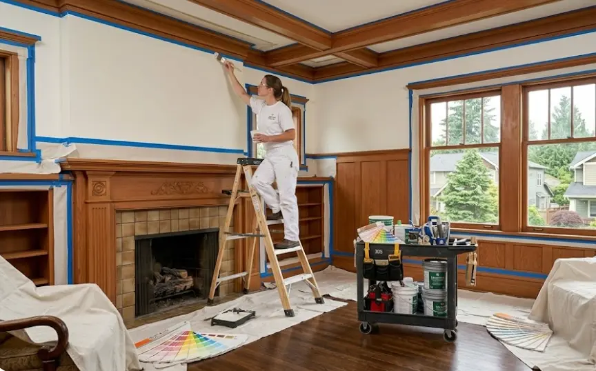 Professional interior painting in 1910s Everett Craftsman home showing plaster wall preparation and careful fir trim painting