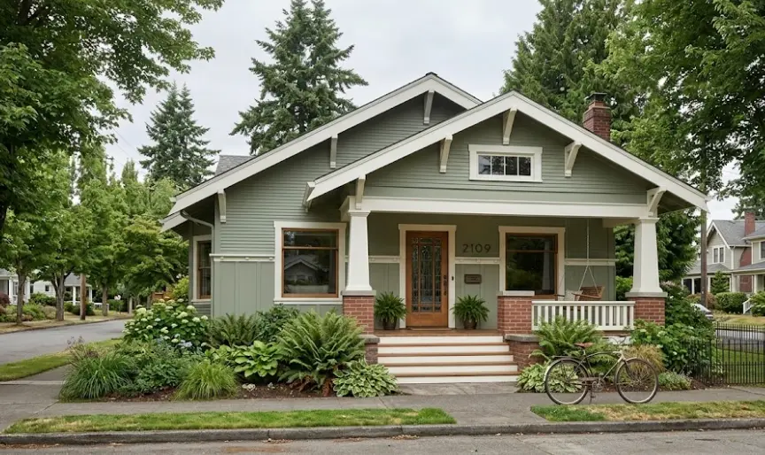 Restored 1907 Craftsman in Riverside Everett after lead-safe paint removal and full exterior repaint with period trim work