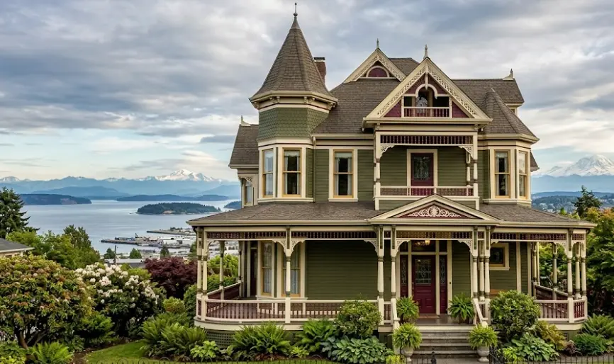 Victorian Queen Anne home on Rucker Hill Everett with period-accurate five-color exterior paint scheme and Puget Sound view