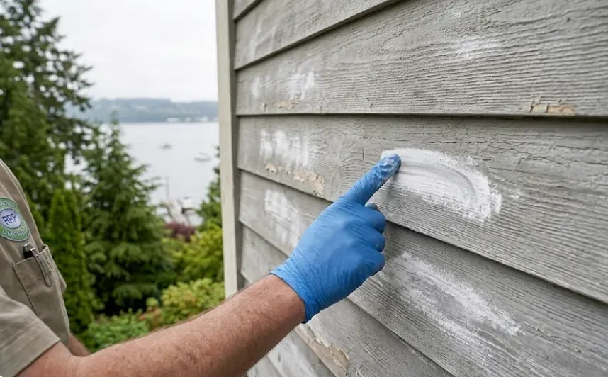 Exterior paint prep on Everett WA home near Puget Sound showing salt air chalking on west elevation and proper surface preparation
