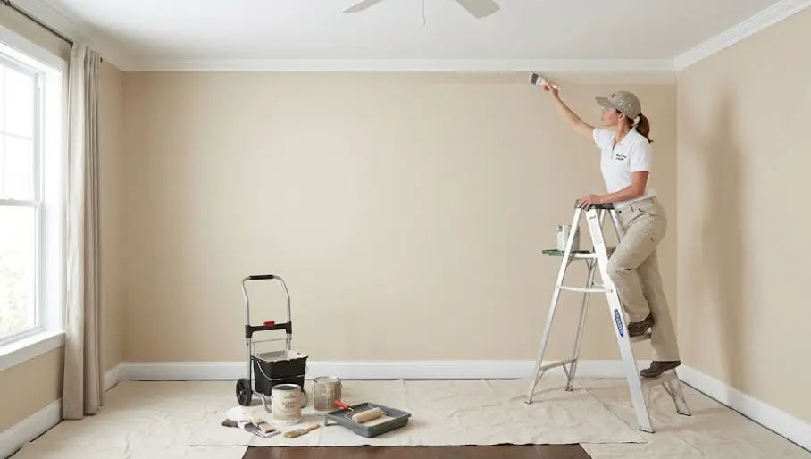 Professional painter cutting in wall edges with brush in Everett home — clean line at ceiling trim