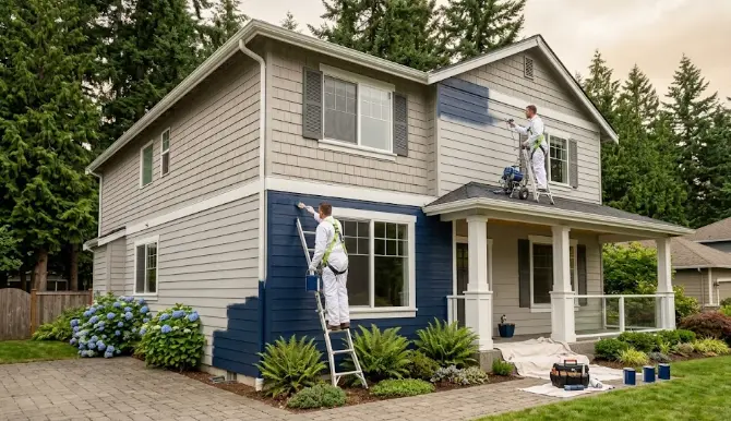 Professional exterior house painting in Bothell WA — freshly painted two-story home with lush Pacific Northwest landscaping