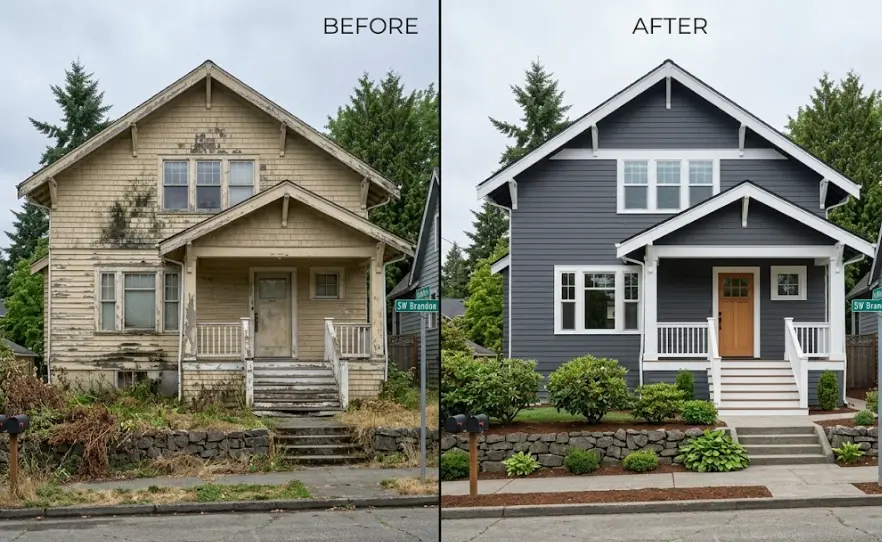 Exterior wall painting transformation in Seattle neighborhood